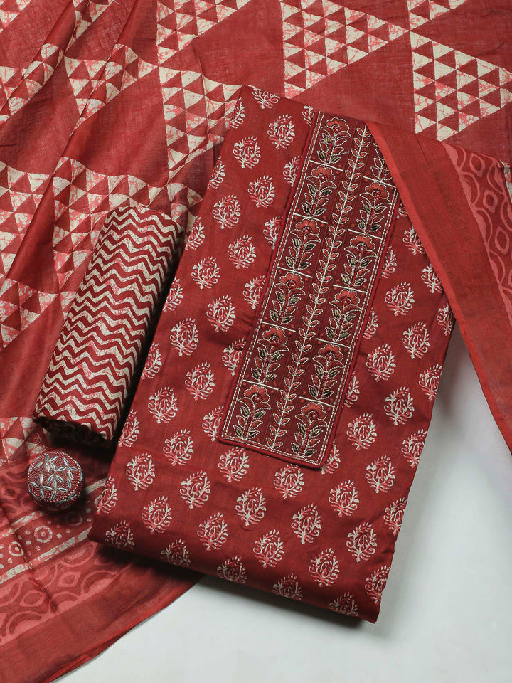 Maroon Printed Cotton Blend Unstitched Dress Material