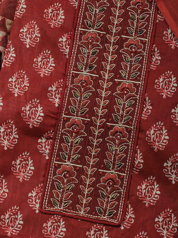 Maroon Printed Cotton Blend Unstitched Dress Material