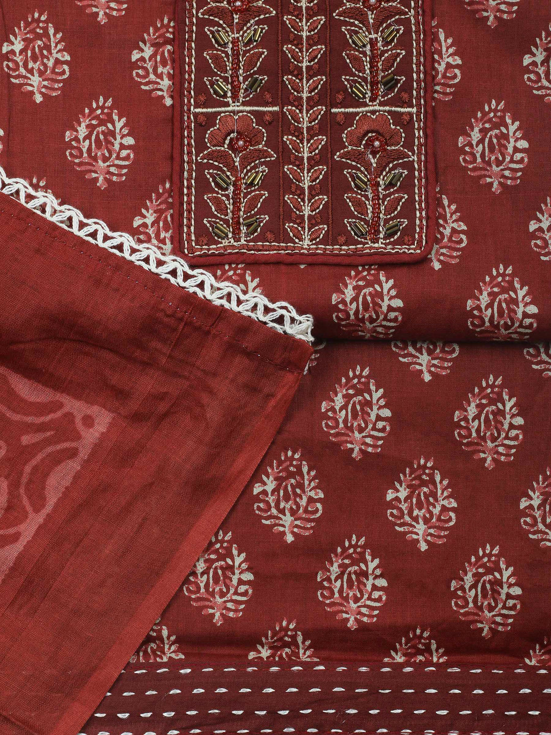 Maroon Printed Cotton Blend Unstitched Dress Material