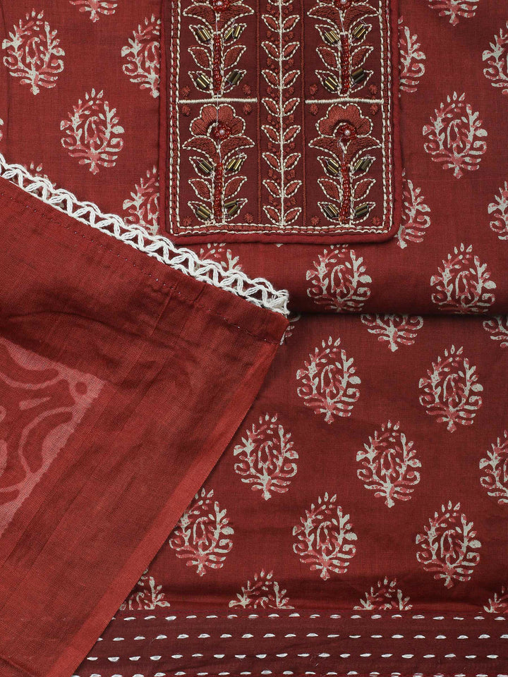 Maroon Printed Cotton Blend Unstitched Dress Material