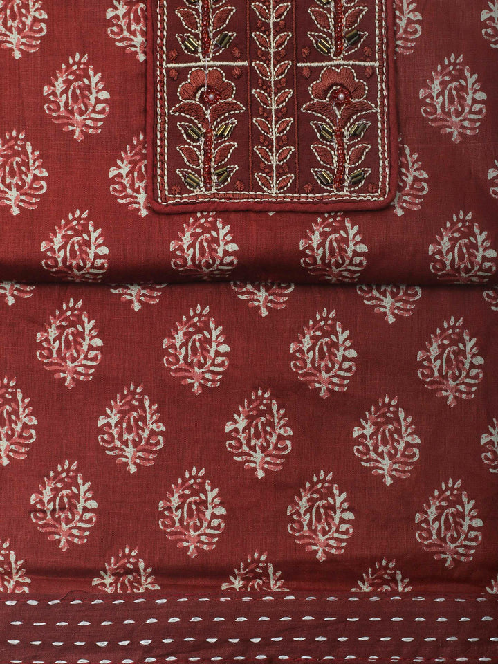 Maroon Printed Cotton Blend Unstitched Dress Material