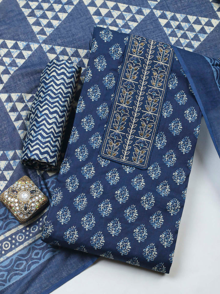 Navy Blue Printed Cotton Blend Unstitched Dress Material