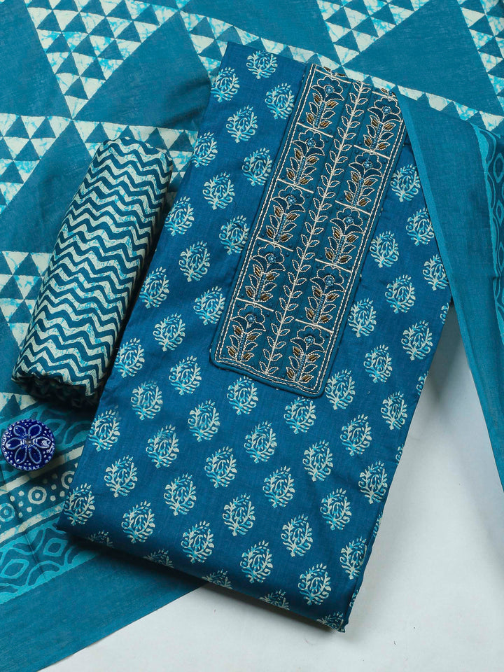 Teal Blue Printed Cotton Blend Unstitched Dress Material