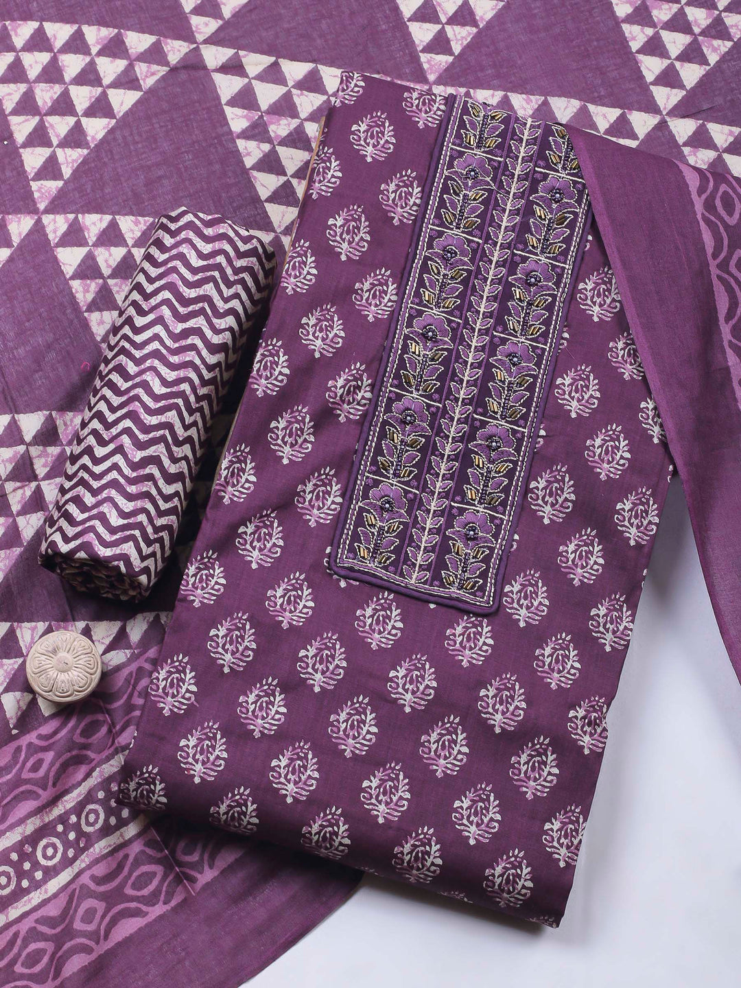 Wine Printed Cotton Blend Unstitched Dress Material