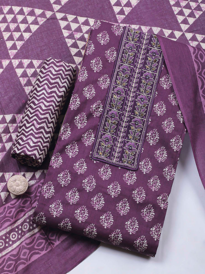 Wine Printed Cotton Blend Unstitched Dress Material