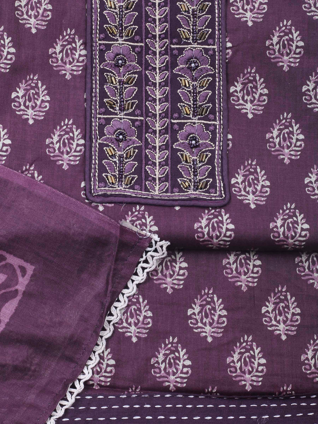 Wine Printed Cotton Blend Unstitched Dress Material
