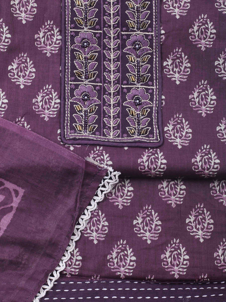 Wine Printed Cotton Blend Unstitched Dress Material