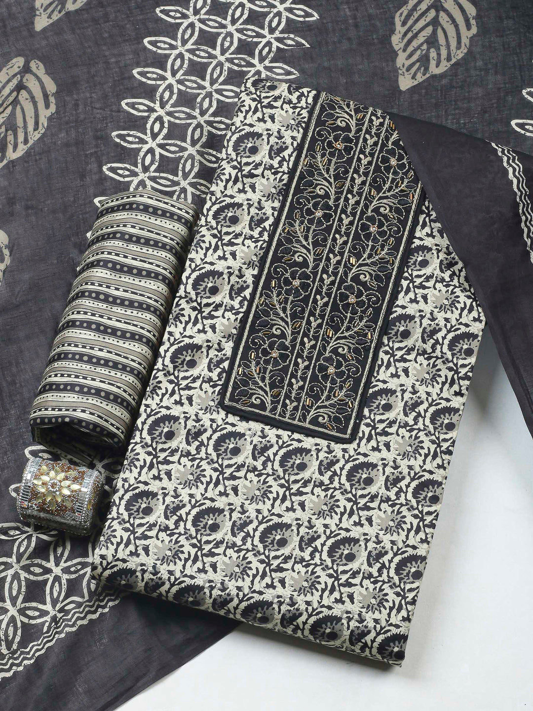 Black Printed Cotton Blend Unstitched Dress Material