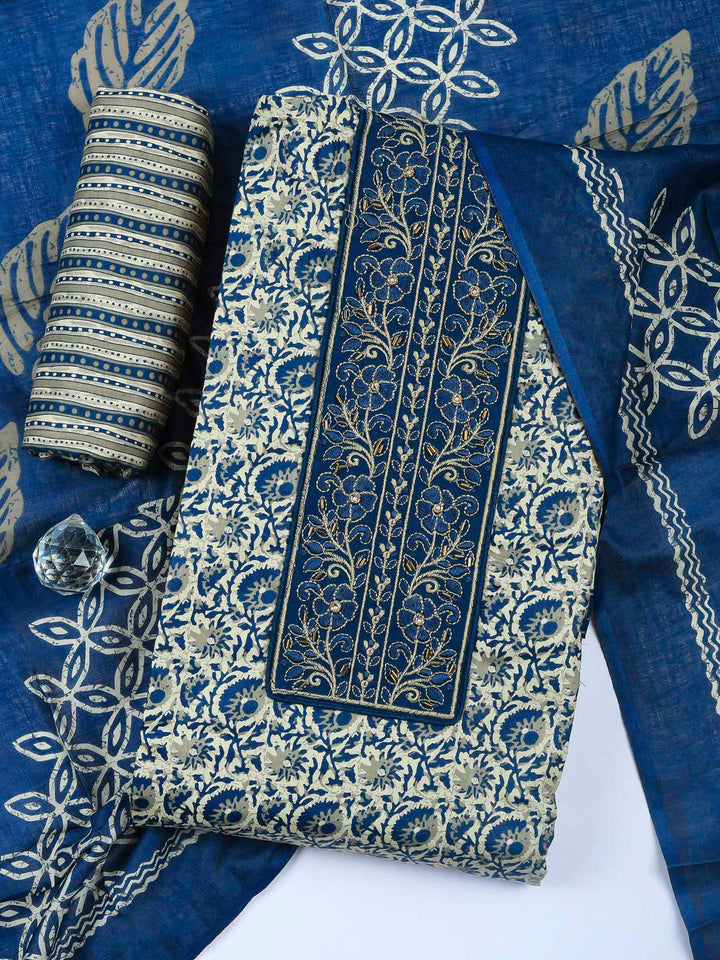 Blue Printed Cotton Blend Unstitched Dress Material