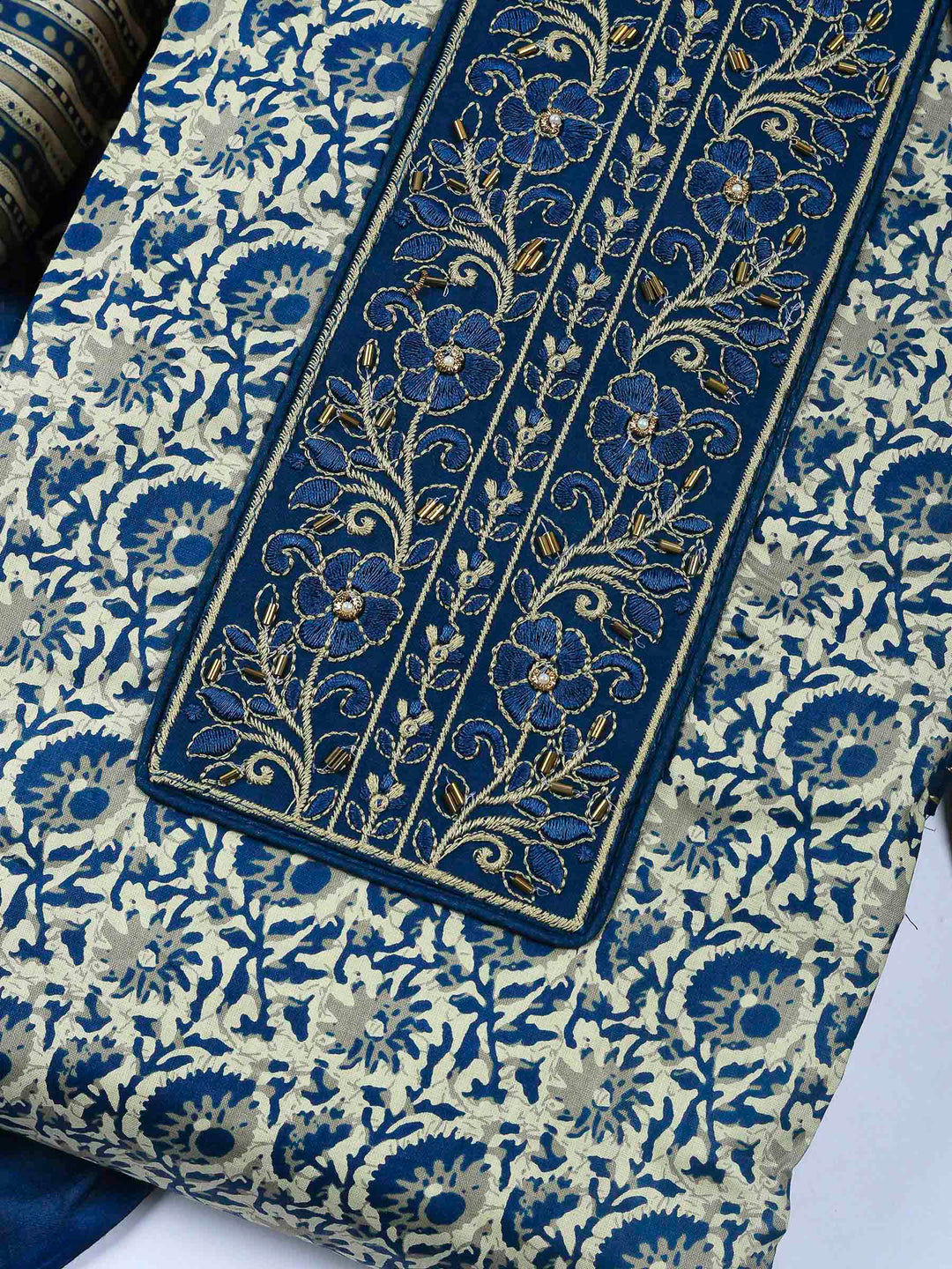 Blue Printed Cotton Blend Unstitched Dress Material