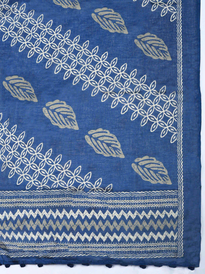 Blue Printed Cotton Blend Unstitched Dress Material