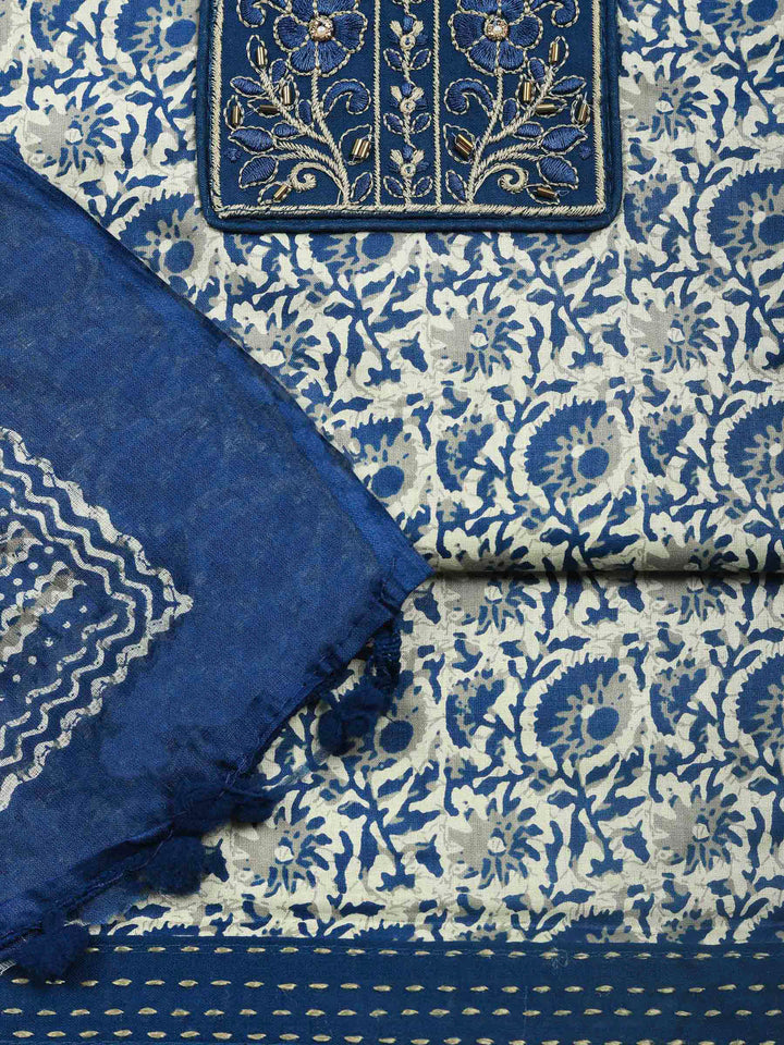 Blue Printed Cotton Blend Unstitched Dress Material