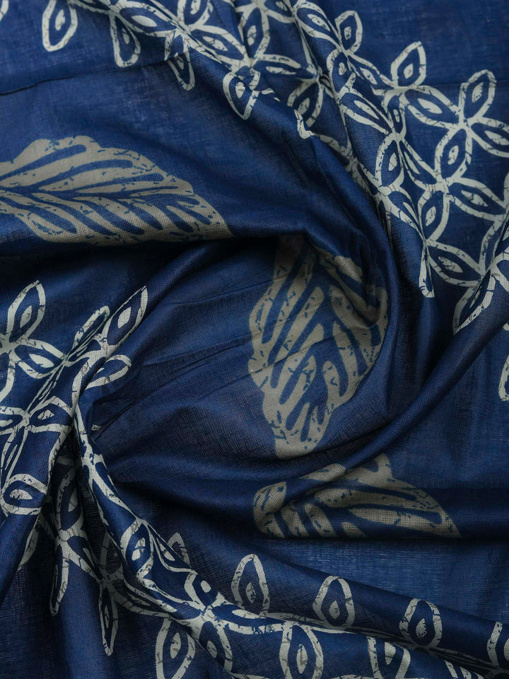 Blue Printed Cotton Blend Unstitched Dress Material