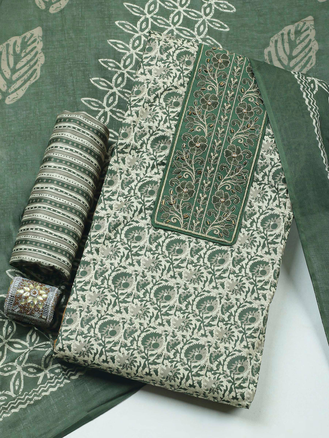 Green Printed Cotton Blend Unstitched Dress Material