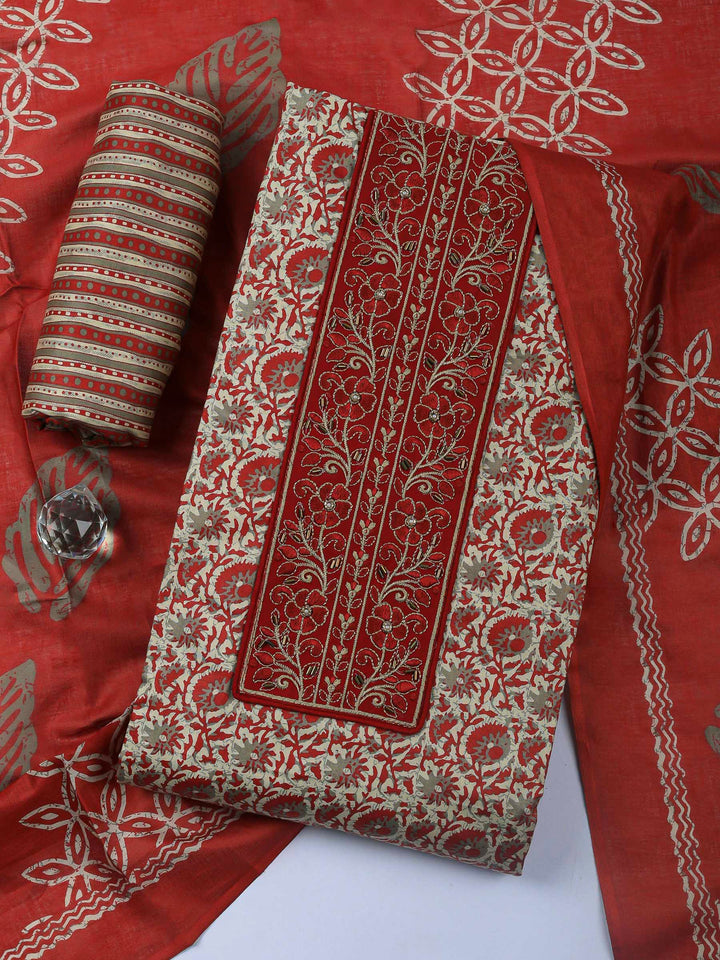 Maroon Printed Cotton Blend Unstitched Dress Material