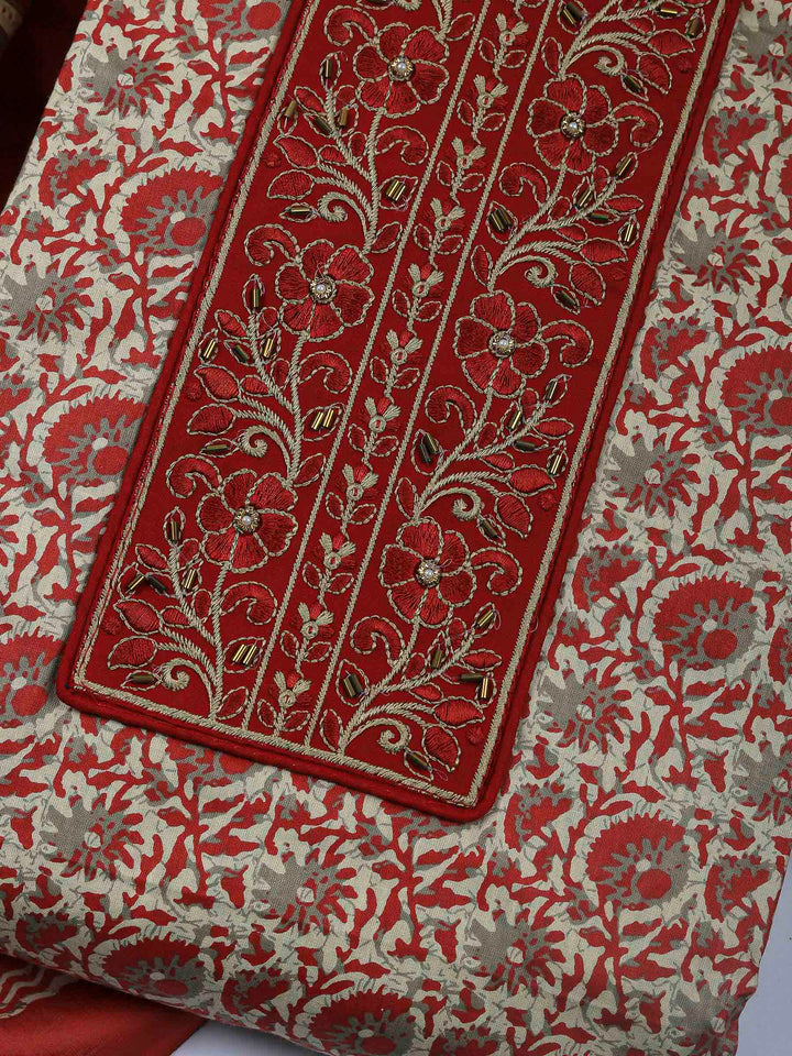 Maroon Printed Cotton Blend Unstitched Dress Material