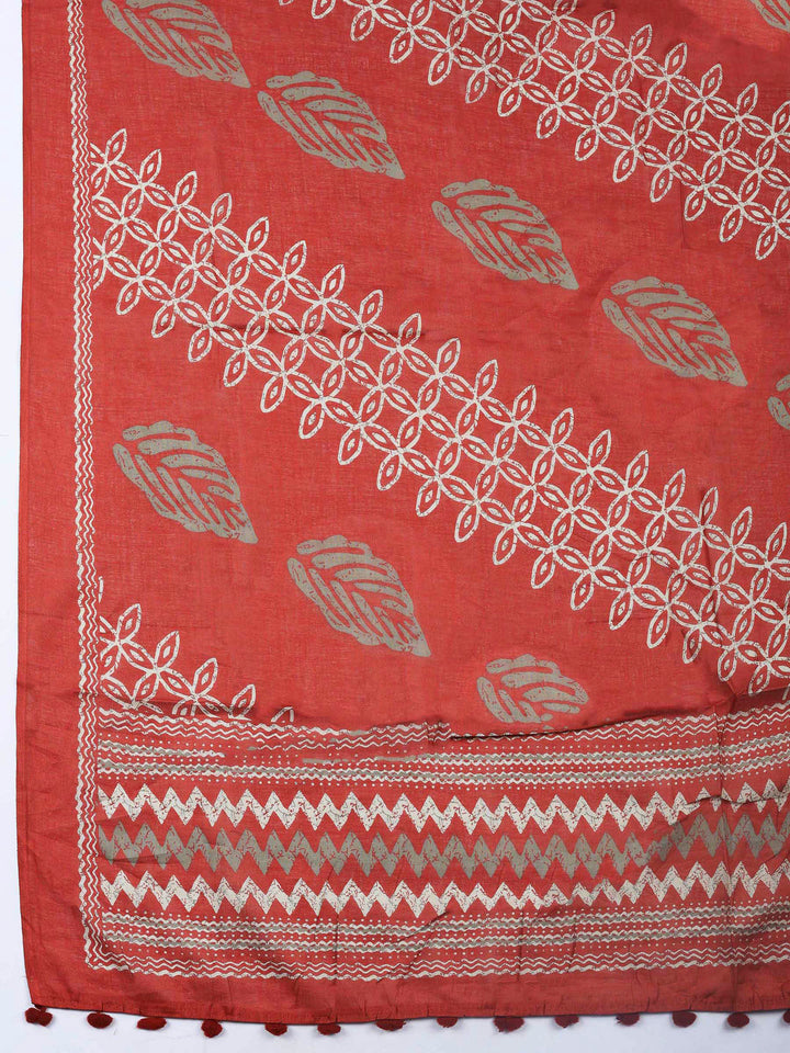 Maroon Printed Cotton Blend Unstitched Dress Material