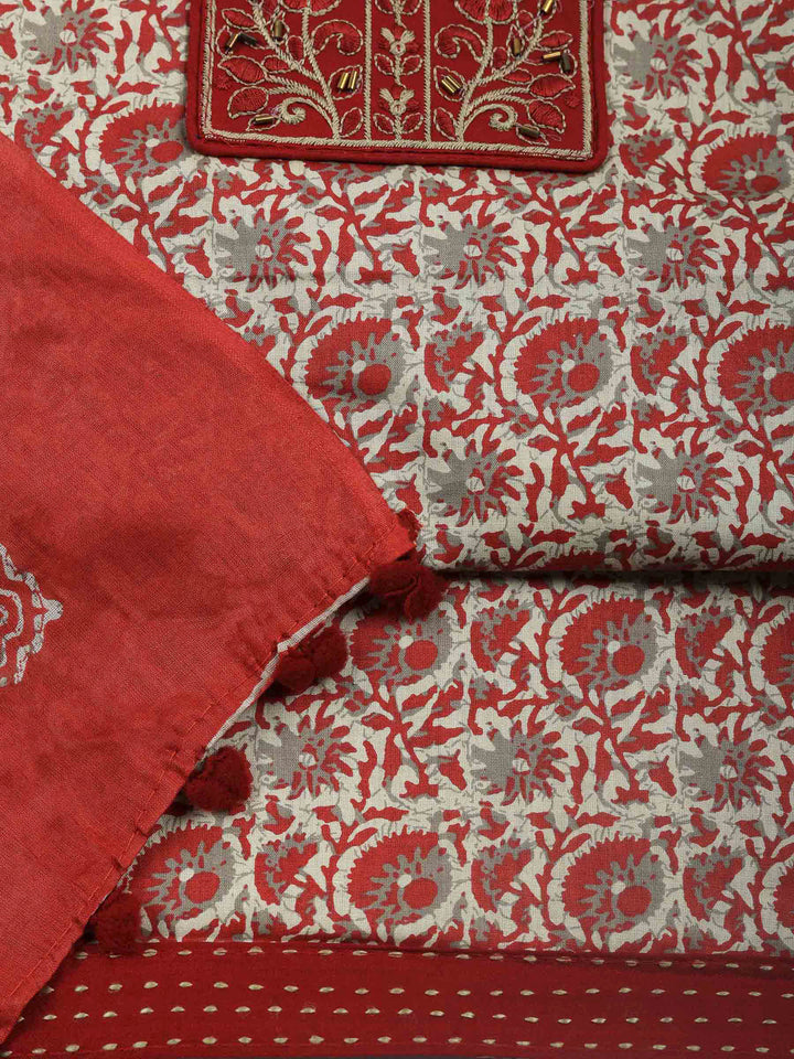 Maroon Printed Cotton Blend Unstitched Dress Material