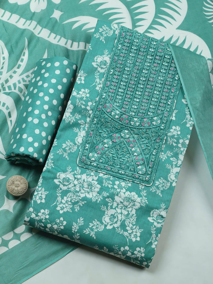 Aqua Green Printed Cotton Blend Unstitched Dress Material