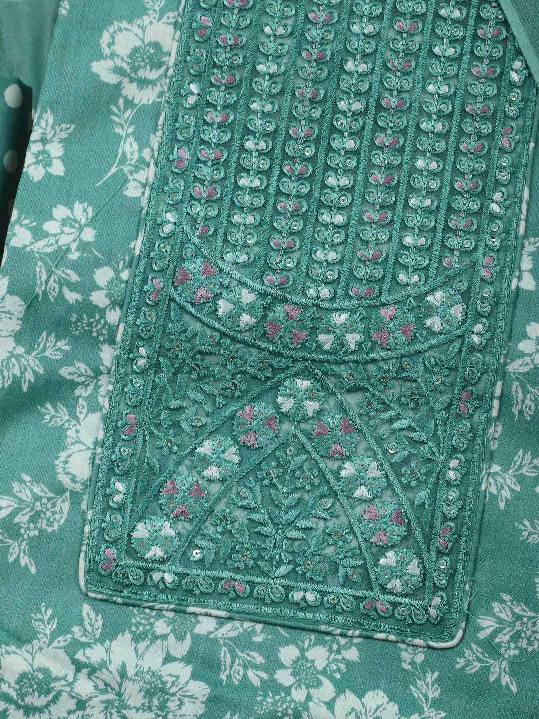 Aqua Green Printed Cotton Blend Unstitched Dress Material