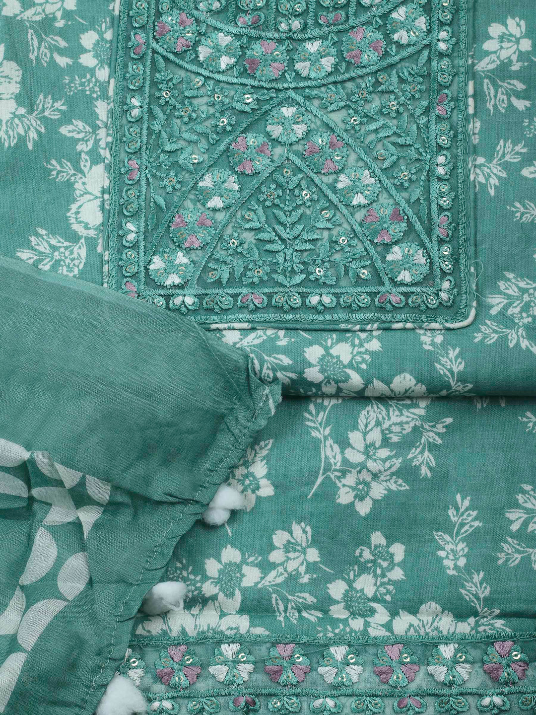 Aqua Green Printed Cotton Blend Unstitched Dress Material