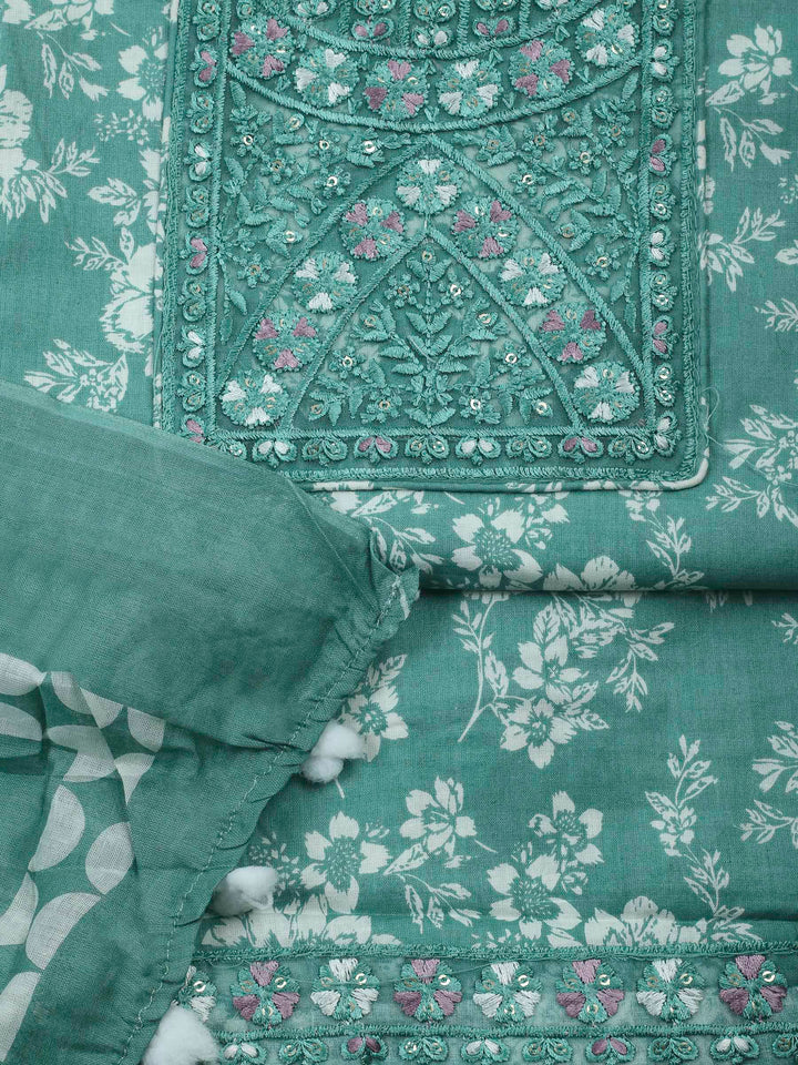 Aqua Green Printed Cotton Blend Unstitched Dress Material