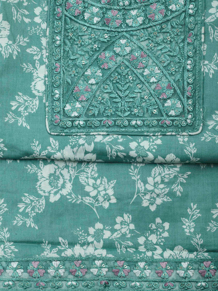 Aqua Green Printed Cotton Blend Unstitched Dress Material