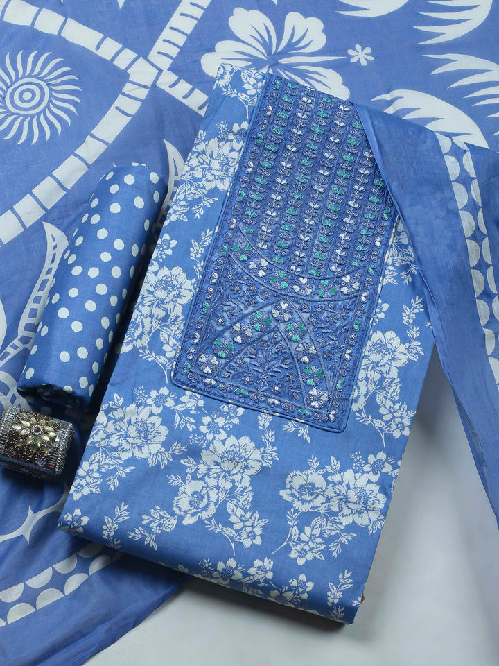 Blue Printed Cotton Blend Unstitched Dress Material