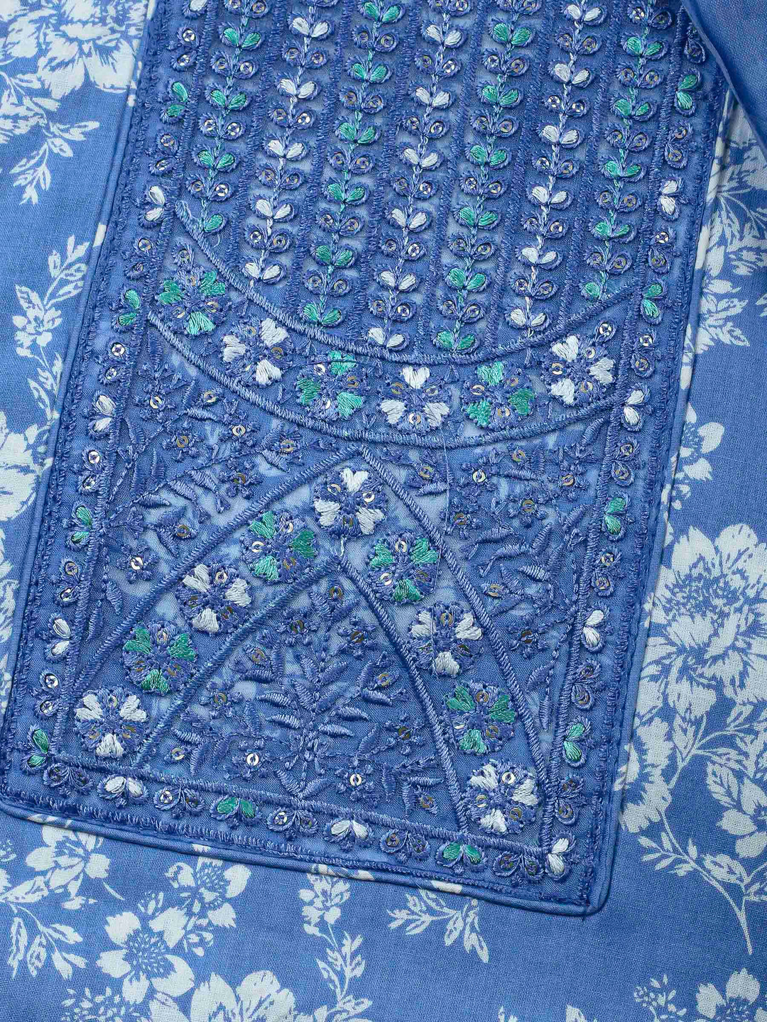 Blue Printed Cotton Blend Unstitched Dress Material