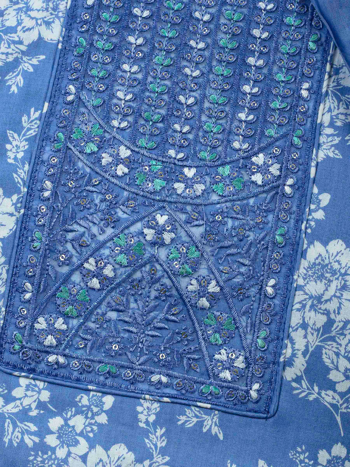 Blue Printed Cotton Blend Unstitched Dress Material