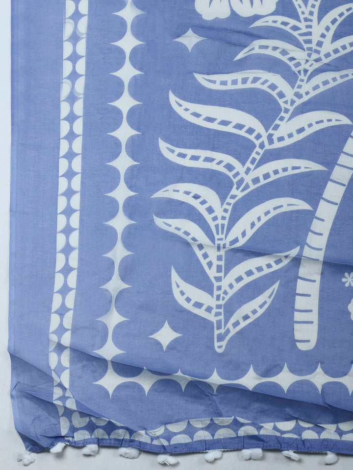Blue Printed Cotton Blend Unstitched Dress Material