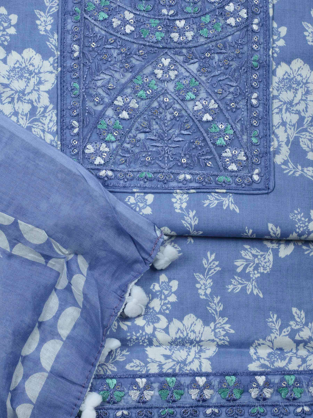 Blue Printed Cotton Blend Unstitched Dress Material