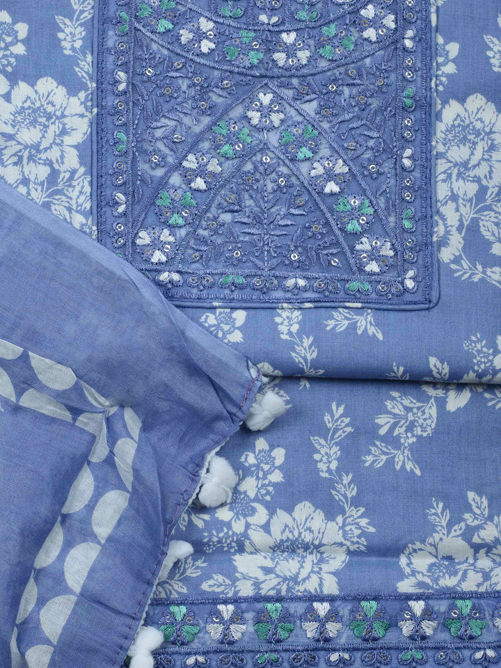 Blue Printed Cotton Blend Unstitched Dress Material