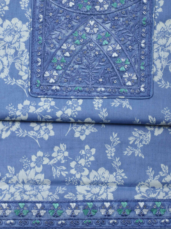Blue Printed Cotton Blend Unstitched Dress Material