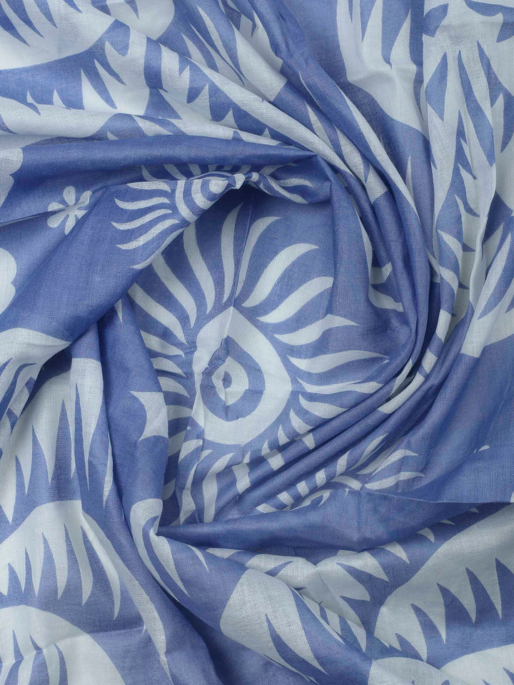 Blue Printed Cotton Blend Unstitched Dress Material