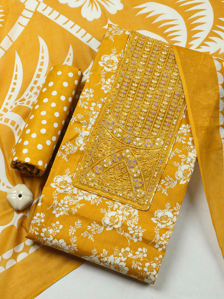 Mustard Printed Cotton Blend Unstitched Dress Material