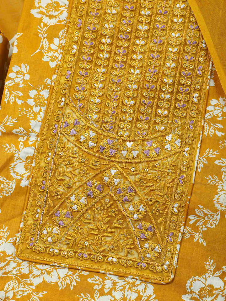 Mustard Printed Cotton Blend Unstitched Dress Material