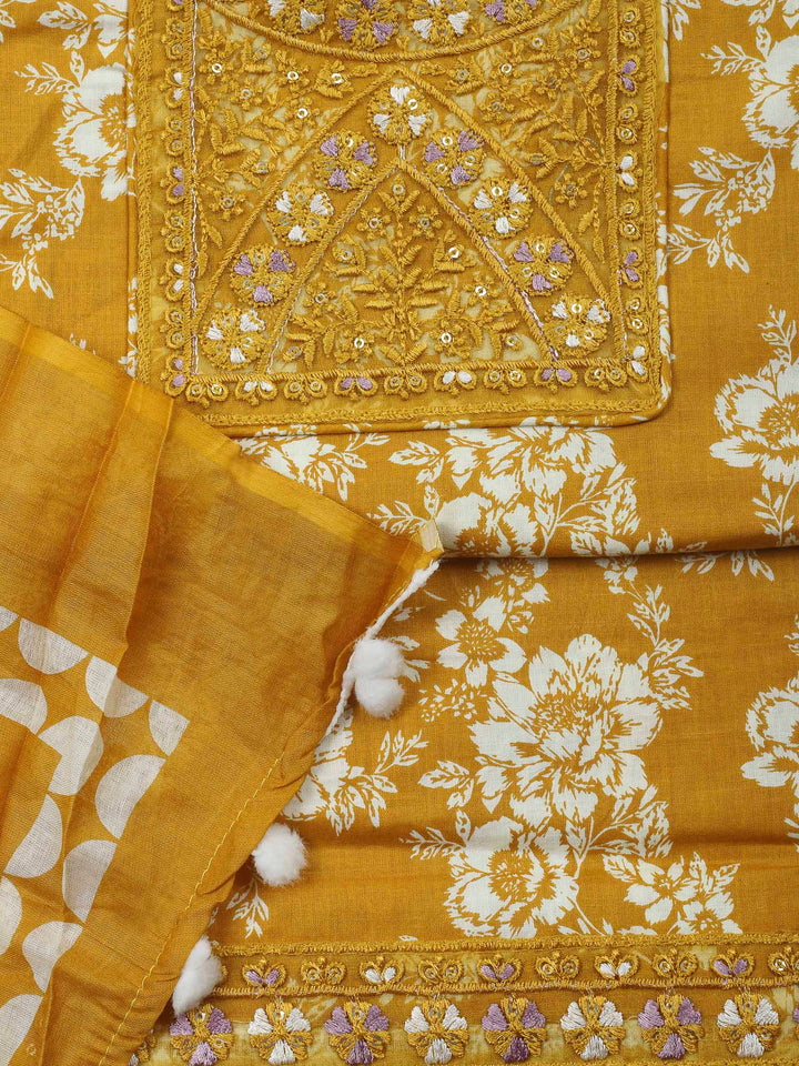 Mustard Printed Cotton Blend Unstitched Dress Material