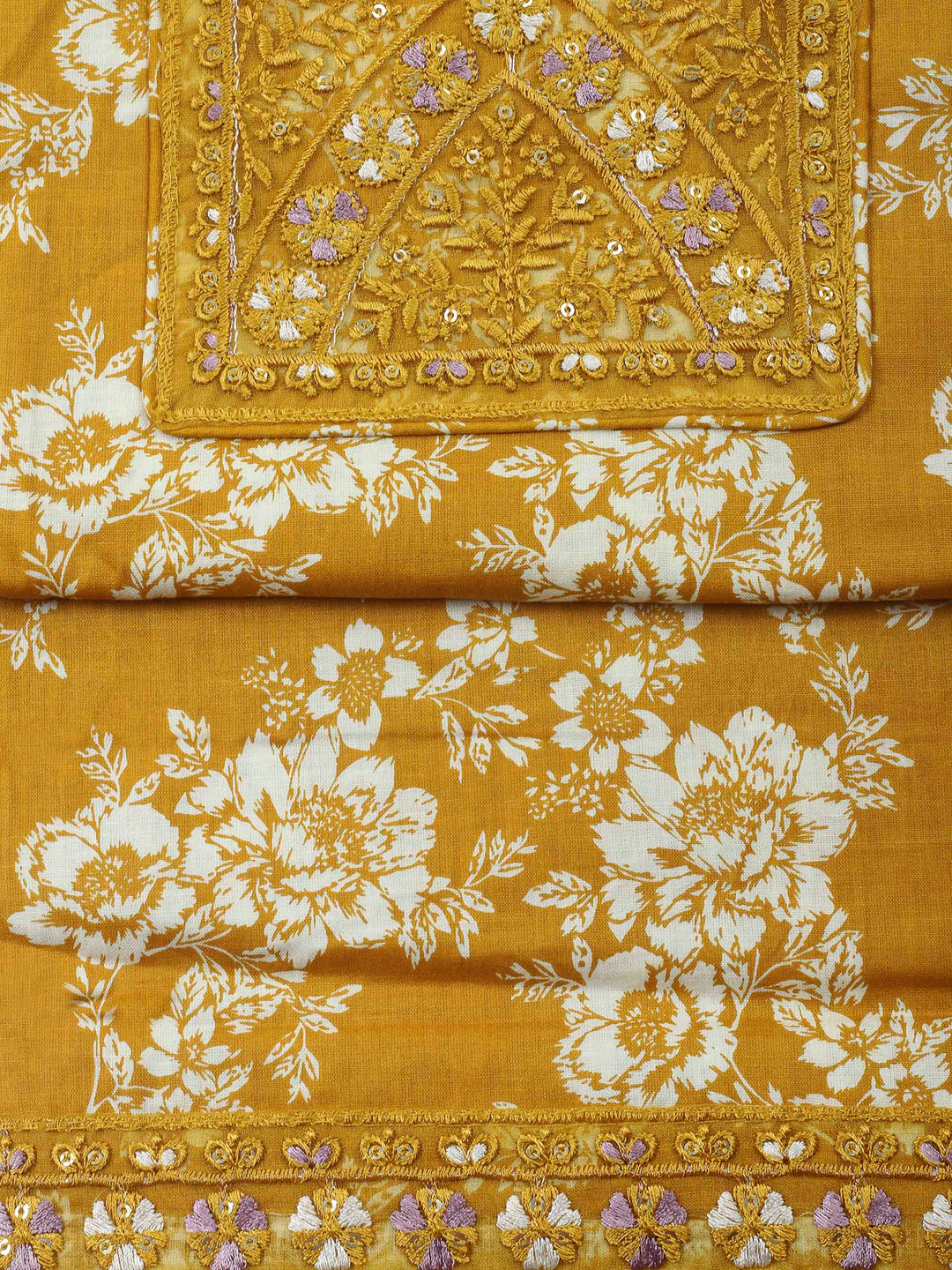 Mustard Printed Cotton Blend Unstitched Dress Material
