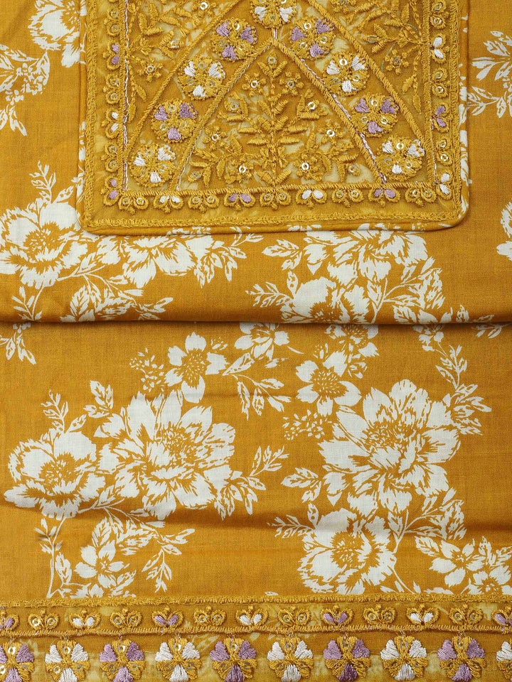 Mustard Printed Cotton Blend Unstitched Dress Material