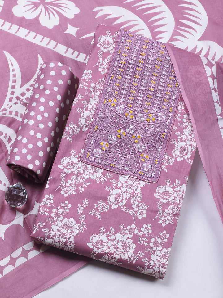 Onion Pink Printed Cotton Blend Unstitched Dress Material