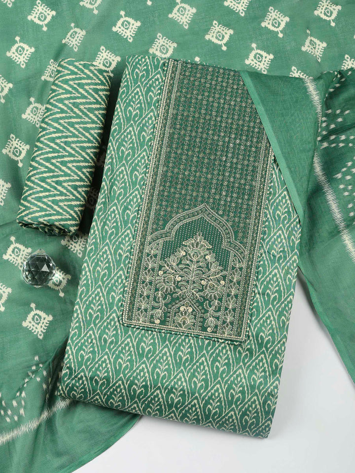 Aqua Green Embroidered Cotton Blend Unstitched Suit &amp; Pant With Cotton Dupatta