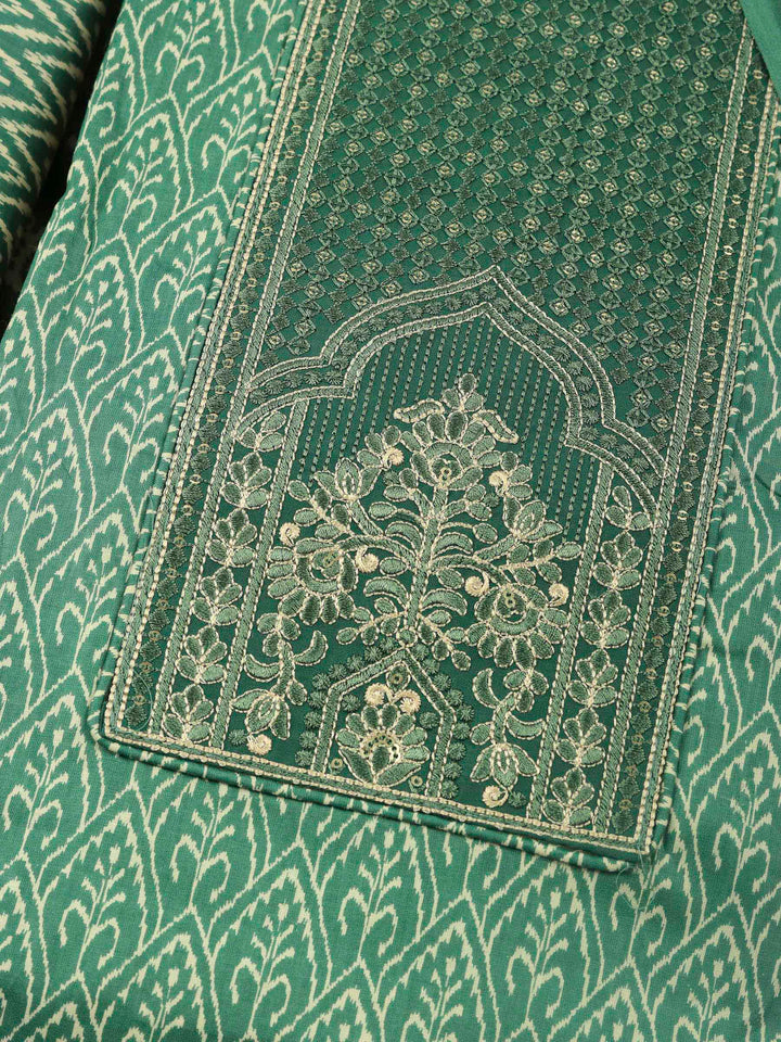 Aqua Green Embroidered Cotton Blend Unstitched Suit &amp; Pant With Cotton Dupatta