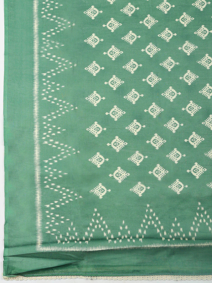 Aqua Green Embroidered Cotton Blend Unstitched Suit &amp; Pant With Cotton Dupatta