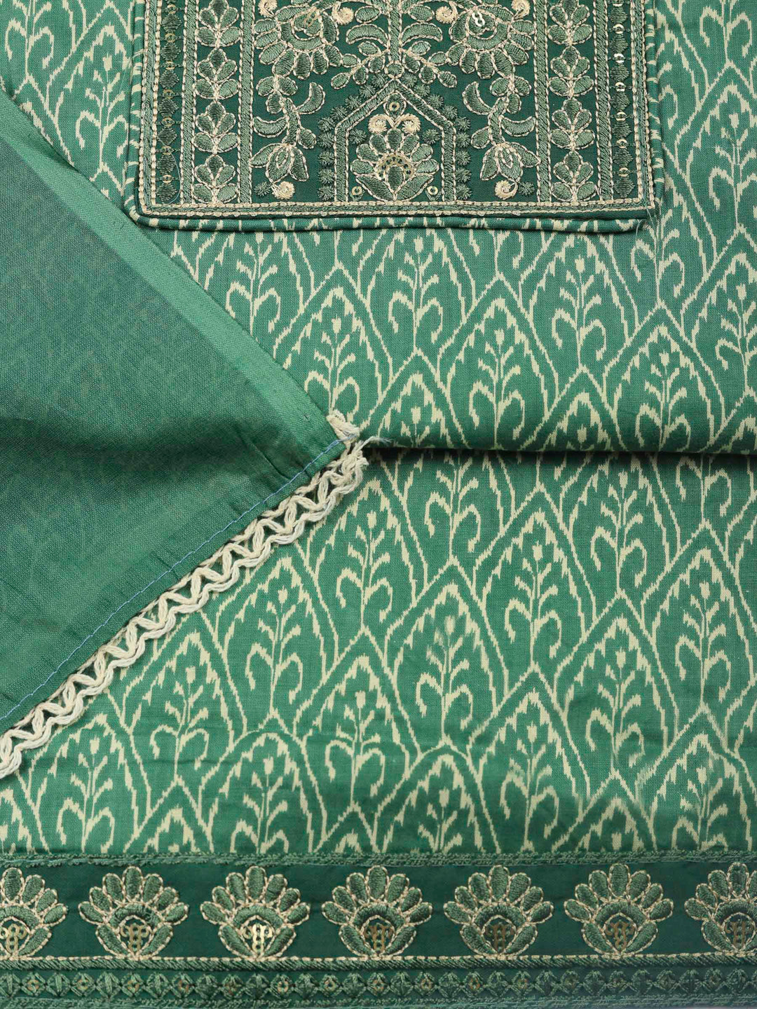 Aqua Green Embroidered Cotton Blend Unstitched Suit &amp; Pant With Cotton Dupatta