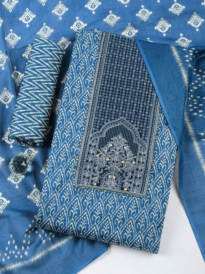 Blue Embroidered Cotton Blend Unstitched Suit &amp; Pant With Cotton Dupatta