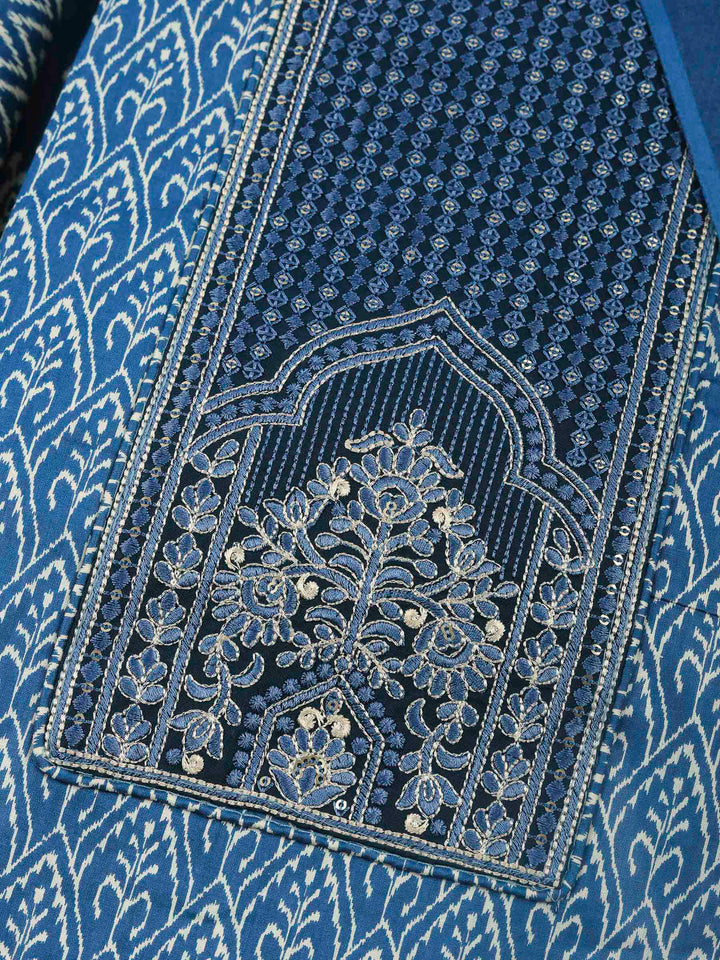 Blue Embroidered Cotton Blend Unstitched Suit &amp; Pant With Cotton Dupatta