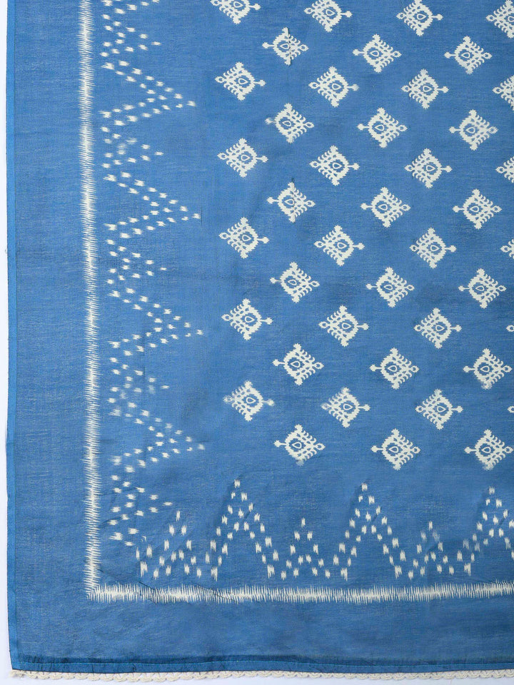 Blue Embroidered Cotton Blend Unstitched Suit &amp; Pant With Cotton Dupatta