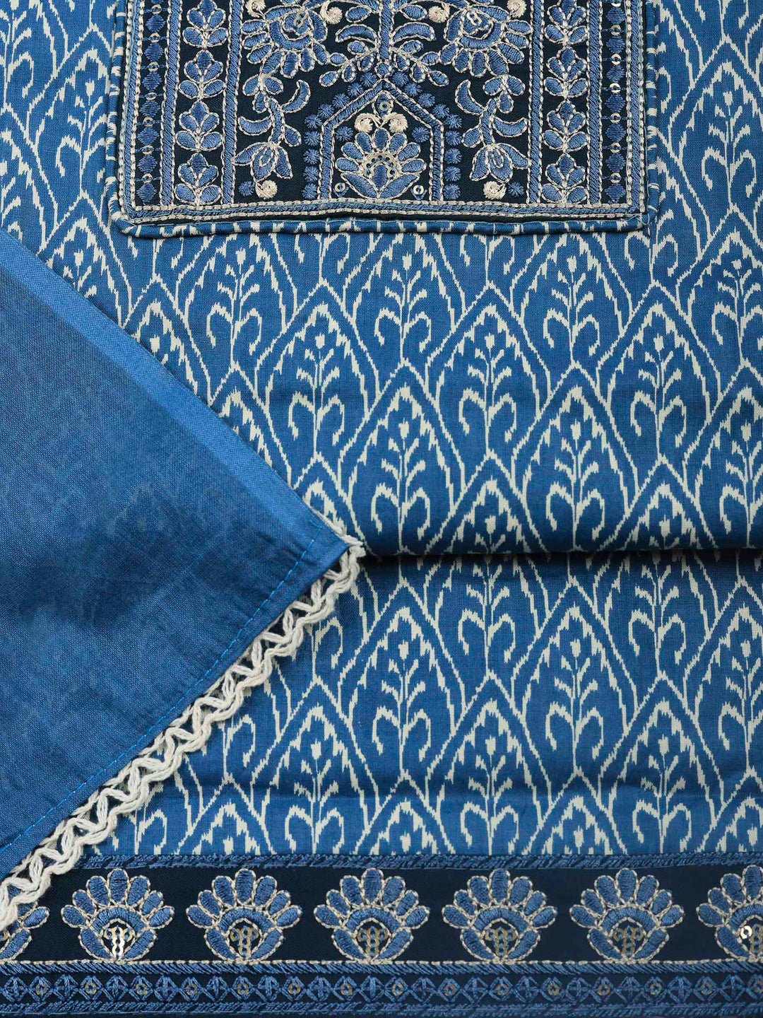 Blue Embroidered Cotton Blend Unstitched Suit &amp; Pant With Cotton Dupatta