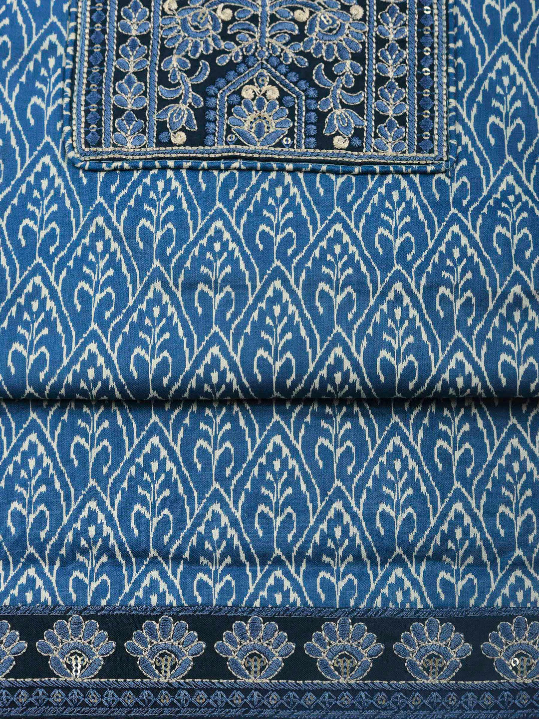 Blue Embroidered Cotton Blend Unstitched Suit &amp; Pant With Cotton Dupatta